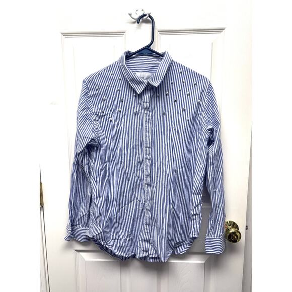 Rails Beaded Button Up Blouse Blue White Stripes Holiday Glam Women’s Size L - Picture 1 of 10